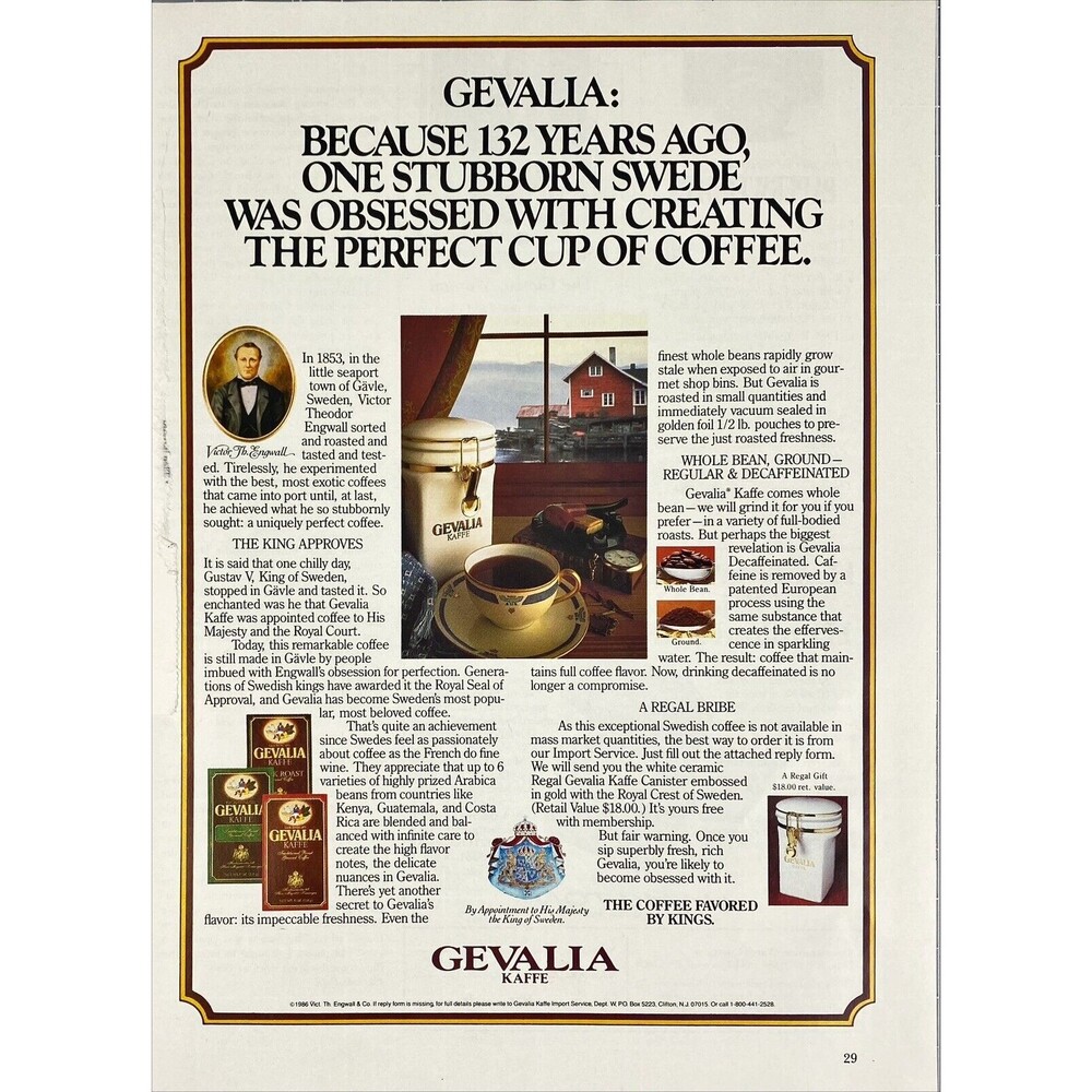 GEVALIA Kaffe "The Coffee Favored by Kings" 1853 Sweden Vintage Print Ad 1986